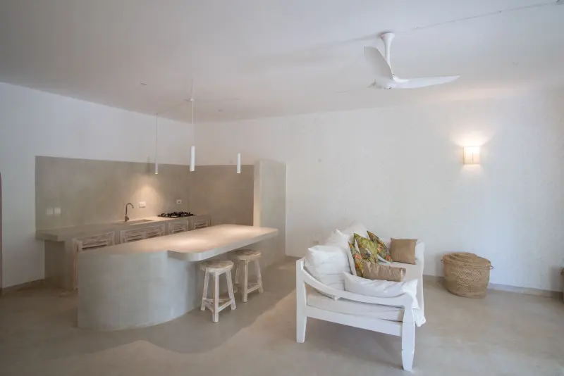 The kitchen island and white sofa