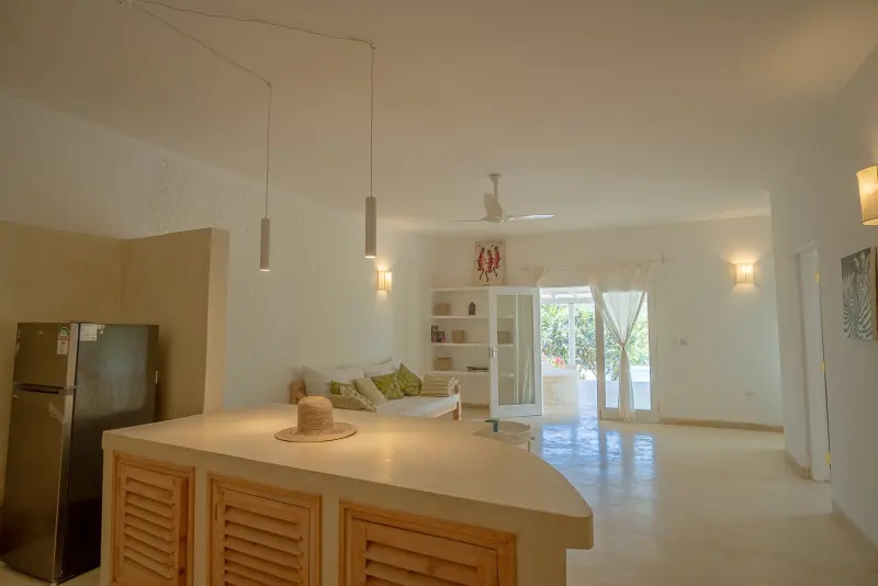 The open kitchen and dining area